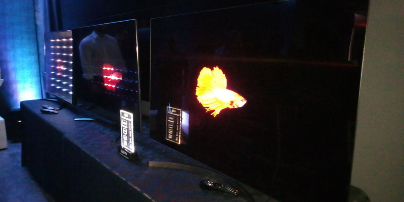 Comparativo entre TVs LED-LCDs (com backlight e sem camadas de filtros) e OLED (tecnologia emissiva) - no OLED o preto é mais profundo e não ha vazamentos de luz.