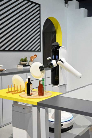 Aqui, um outro robô realiza atividades de cozinha, para delírio dos visitantes.