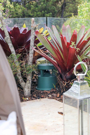 Em outro ponto do jardim está a caixa em formato de cogumelo, que sonoriza a área externa.