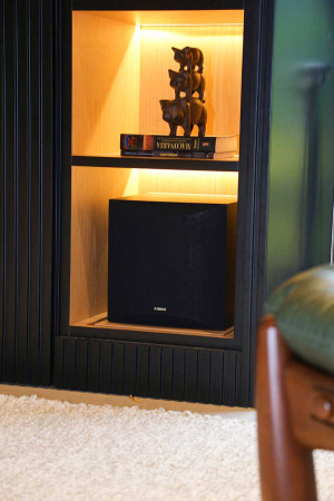 O subwoofer é a única caixa acústica que fica à mostra, num nicho reforçado do móvel.