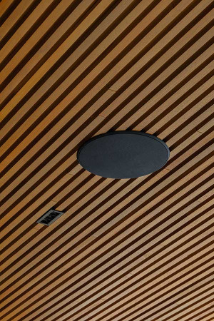 Algumas caixas acústicas foram montadas sobre o revestimento de madeira do teto, com ótimo</br>resultado visual.