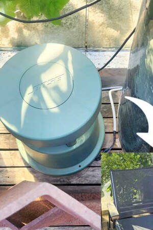 Quatro caixas de uso externo (como esta) ficam camufladas no jardim </br>da cobertura