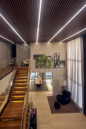 No acesso ao ambiente superior, teto e porta combinam no tom e</br> design da madeira.