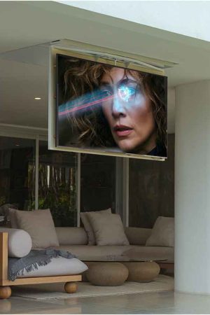 Detalhe da montagem do flap no teto: o mecanismo gira a TV suavemente.