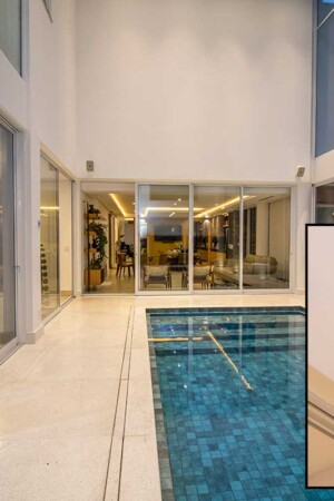 A piscina interna foi sonorizada com caixas como esta, controladas através da automação.