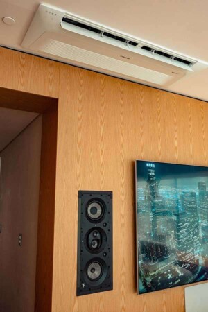 Detalhe da refinada caixa de parede, com tweeter no centro e ampla dispersão pelo ambiente.