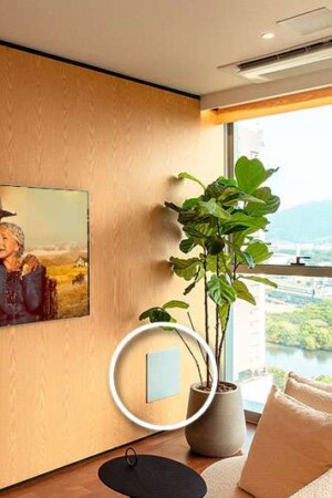 Neste outro ambiente, com TV de 65” e subwoofer embutido (detalhe), vista para o outro lado da cidade.
